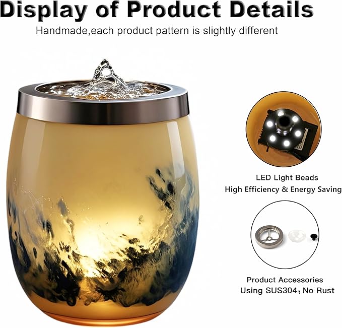 VOREEN Handblown Glass Tabletop Fountain - Art Glass Water Feature with Gentle Ambient Glow - Optional Aromatherapy for Home, Spa, Office Décor - Yellow - Bloomnest