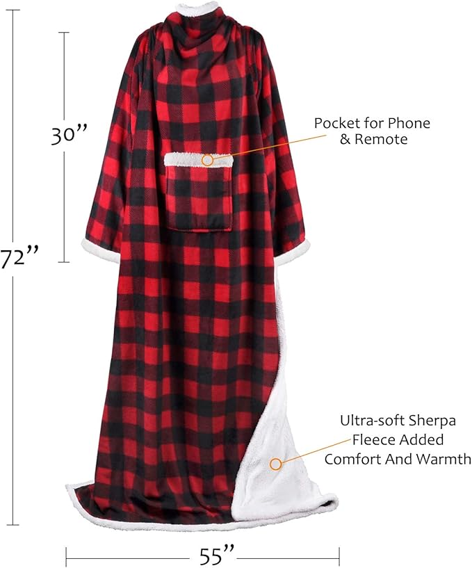 Tirrinia Sherpa Wearable Blanket With Sleeves, Full Body Throw Reading Wrap TV Blankets - Bloomnest