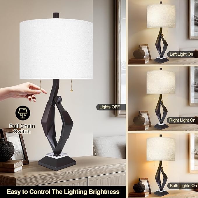 Scenekoy Sculptural Resin Table Lamp Set of 2 with USB Ports for Bedroom Living Room, 26” Black-Brown Dual Pull Chains Bedside Lamps, Nightstand Lamp for Home Room Decor (Bulbs Included) - Bloomnest