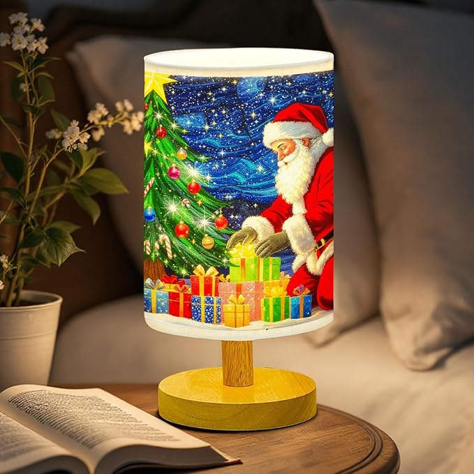 Santa Claus Table Lamp LED 3-Color Pressed Bedside for Merry Christmas, Santa Claus Shade Christmas Table Lamp with Wood Base for Bedroom Living Room Desk Office - Bloomnest