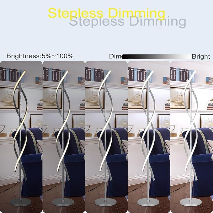Tall Modern Floor Light Lamp for Living Room,Dimmable Spiral Corner Bedside Lamp with Rmoete for Bedroom,LED 3 Color Floor Lamp with Foot Switch for Dining Room(Silver) - Bloomnest