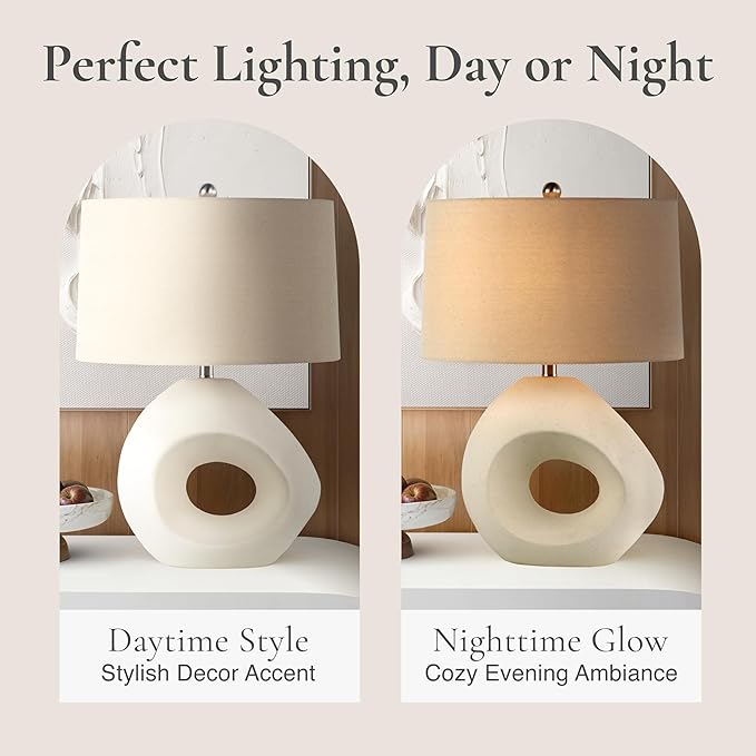 Abani Table Lamp Iris Sculptural 23” – Modern Organic Cream Ceramic Open-Circle Base with Grey Linen Shade – E26 Bulb Included – Stylish Desk Lamp for Bedroom, Living Room Lamp, Dorm or Nightstand - Bloomnest