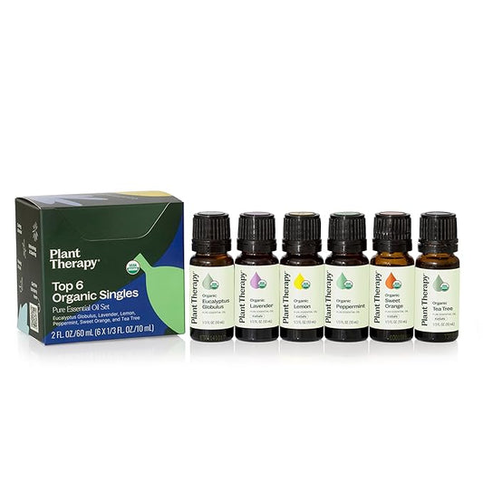 Plant Therapy Top 6 USDA Organic Essential Oil Set - Lavender, Peppermint, Eucalyptus, Lemon, Tea Tree 100% Pure, Natural Aromatherapy, for Diffusion & Topical Use, Therapeutic Grade 10 mL (1/3 oz) - Bloomnest