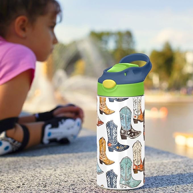 Cowboy Boots Kids Water Bottle with Straw Lid Insulated Tumbler with Handle Stainless Steel Reusable Toddlers Cup for Kids Boys 12 oz - Bloomnest