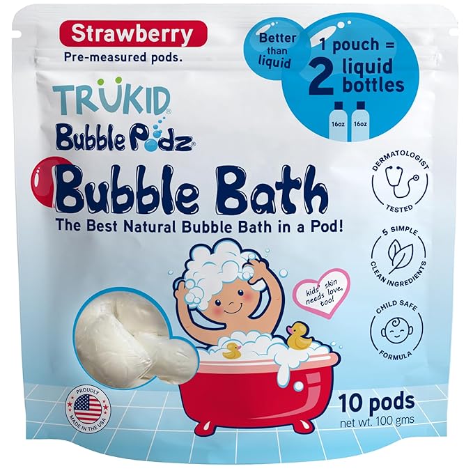 TruKid Bubble Podz Bubble Bath for Kids, Toddlers, & Babies, Tear Free Gentle & Refreshing Bath Bomb for Sensitive Skin with Natural Moisturizers, Non-Toxic, pH Balanced, Strawberry Scent (10 Podz) - Bloomnest