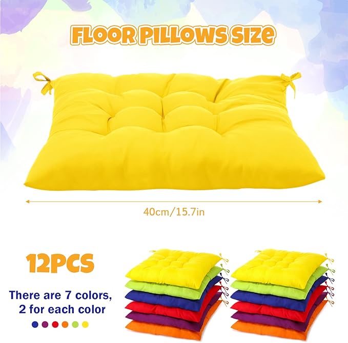 Geetery 12 Pcs Floor Pillows for Classroom Bulk Square Seating Cushions for Floor Chair School Kindergarten Reading Corner, 15.7'' Large Thick Meditation Cushions Yoga Nursery Daycare (Colorful) - Bloomnest