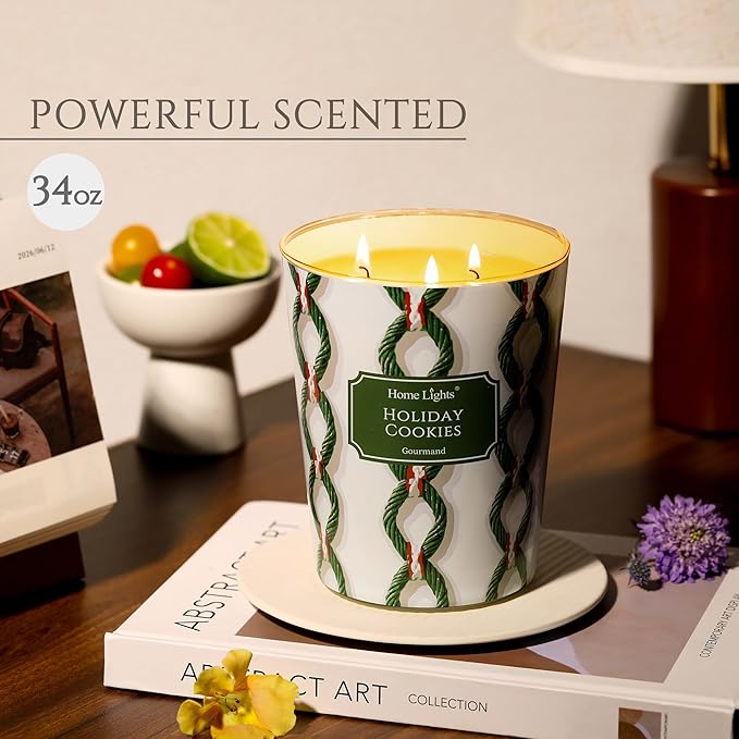 HomeLights Holiday Cookies Scented Candles | 34oz Soy Candles Rustic Modern 3-Wick Large Candle Jars | Ideal Candle Gifts for Events, Home Decor Stress, Relief & Relaxation - Bloomnest