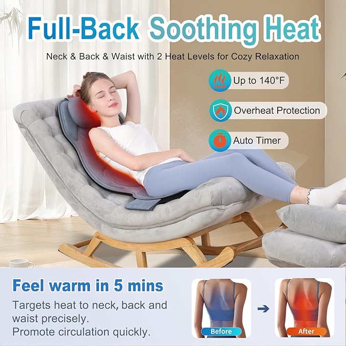 Back Massager with Heat, Full Body Massage Pad with Pillow Neck Support, Soft Plush Fabric Cover, Chair Massager with 3D Lumbar Truction and 8 Vibration Motors, Gifts for Dad Mom, Home Office Use - Bloomnest