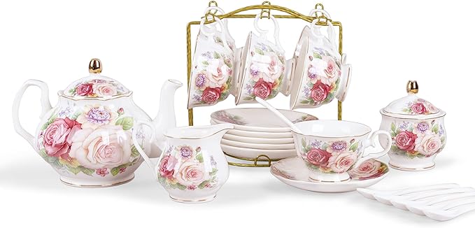 fanquare European Porcelain Coffee Set, Pink Women Tea Set, Bone China Tea Set, Vintage Floral Coffee Tea Pot with Cups - Bloomnest