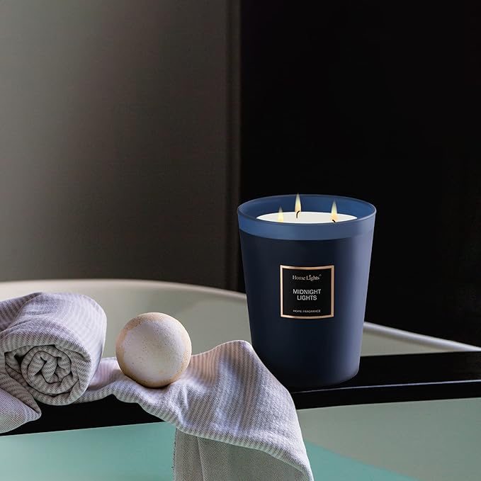 HomeLights Highly Scented Soy Candles Big 33.3 oz for Home. 3 Cotton Wicks, Smokeless Long Lasting 130 hrs in Midnight Lights. 5x6, Great Gift for Women & Men - Bloomnest