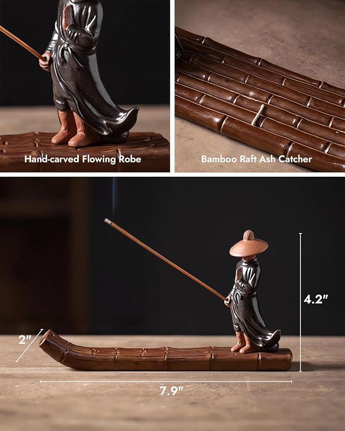 Ceramic Incense Stick Holder with Ash Catcher - Kung Fu Samurai on Bamboo Raft, Chinese & Japanese Home Decor for Meditation, Spa, Yoga - Bloomnest