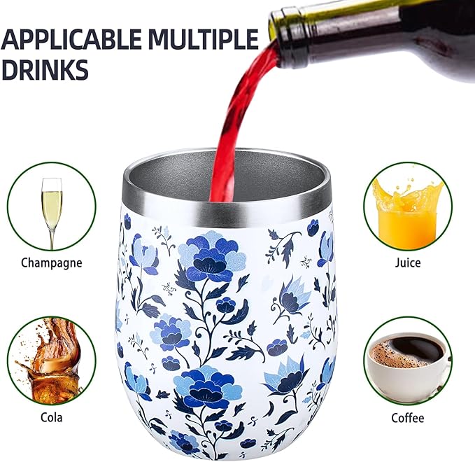 12 oz Insulated Wine Tumbler with Lid and Straw,Stainless Steel Stemless Wine Tumbler Glasses Double Wall Vacuum Wine Cups Tumbler Bulk for Coffee,Cocktail,Office (Blue and White Porcelain,4) - Bloomnest