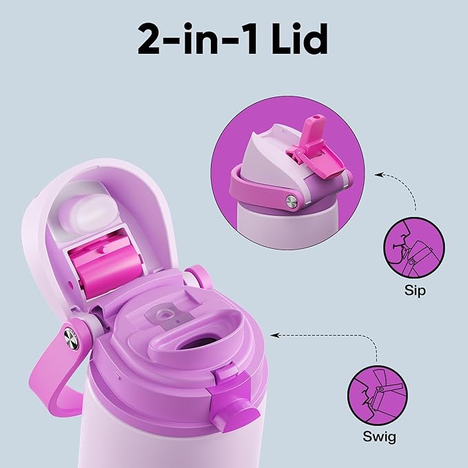 Insulated Water Bottle with Straw - Encool Stainless Steel Water Bottle with Push Button Lid, Leak-Proof & BPA-Free, Keeps Cold for 24 Hours for Sports, Travel, Gym (24 oz, Thistle-Fuchsia) ENCOOL