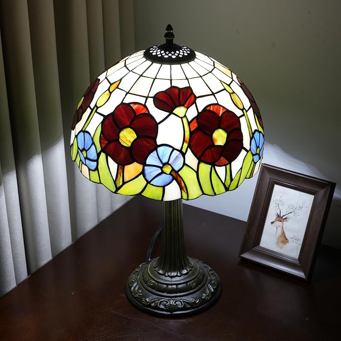 Tiffany Lamp Red Poppy Flowers Stained Glass Table Lamp Vintage Bedroom Desk Light for Home Dorm Office Art Craft Antique Decor Accent Aesthetic Nightstand Reading Light - Bloomnest