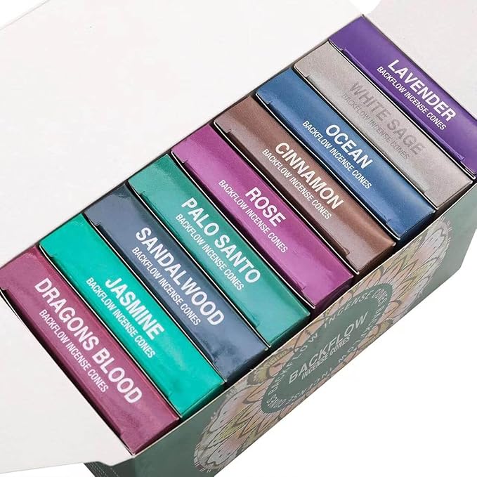 Set of 9 Backflow Incense Cones Gift Variety Pack - White Sage, Dragons Blood, Palo Santo, Jasmine, Lavender, Ocean, Sandalwood, Cinnamon, Rose for Waterfall Aromatic Smoke Fountain Haze Falls FOUCILO