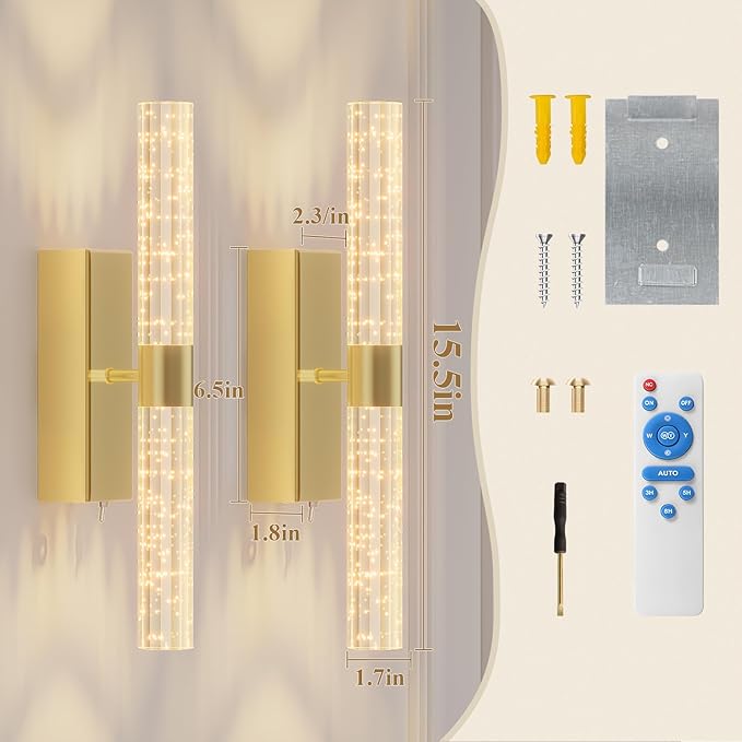 camuucci Battery Operated Gold Wall Sconces Set of 2 Rechargeable Battery Powered Wall Light with 12000mAh Not Hardwired Dimmable Wall Lamp Fixtures for Bedroom Living Room 15.3 Inches - Bloomnest