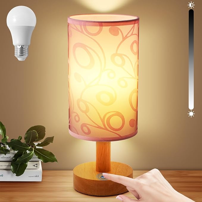Cordless Table Lamp, 2200mAh Battery Operated Desk Lamp, Touch Bedside Lamps for Night Stands, Warm Light Mini Boho Lamp, Wood Base Round Flaxen Fabric Shade for Living Room,LED Bulb Included (Purple) - Bloomnest