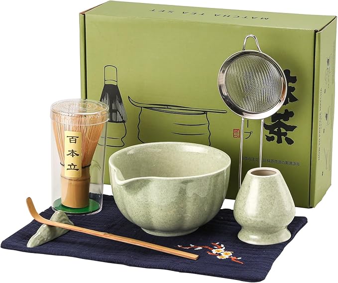 Matcha Whisk Set, 7-Pack Mottled Green Matcha Set - Include Petal Matcha Bowl with Spout, Bamboo Whisk, Chasen Holder, Sifter, Scoop, Tea Towel, Scoop Rest - Perfect Matcha Making Kit for Tea Lover - Bloomnest