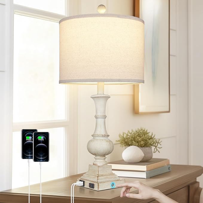 26" Farmhouse Table Lamp, Vintage Rustic Touch Control Bedside Lamp with 2 USB Ports & AC Outlet, Boho Resin 3-Way Dimmable Nightstand Lamp Linen Fabric Shade for Living Room Bedroom End Table White - Bloomnest