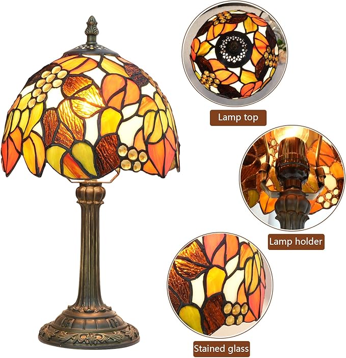 Tiffany Stained Glass Table Lamp, 8-Inch Retro Brown Maple Leaf Design Lovely Bedside Lamp, Suitable for Bedroom, Restaurant, Cafe and Other Furniture Decoration - Bloomnest