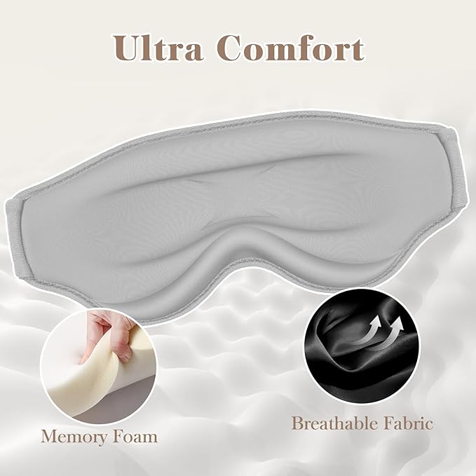 3D Cooling Eye Mask Sleep Mask for Men & Women, 100% Pressure-Free & Light Block-Out Eye Mask for Sleep with Easy Adjustable Strap, Night Eye Cover for Travel, Grey - Bloomnest