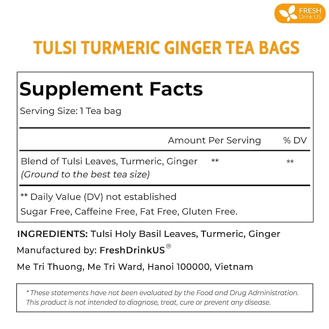 FreshDrinkUS, Premium 75 Tulsi Turmeric Ginger Tea Bags, 100% Natural & Pure from Tulsi Holy Basil Leaves, Turmeric and Ginger. Made with Natural Material Tea Bags. No Sugar, No Caffeine, Vegan. - Bloomnest