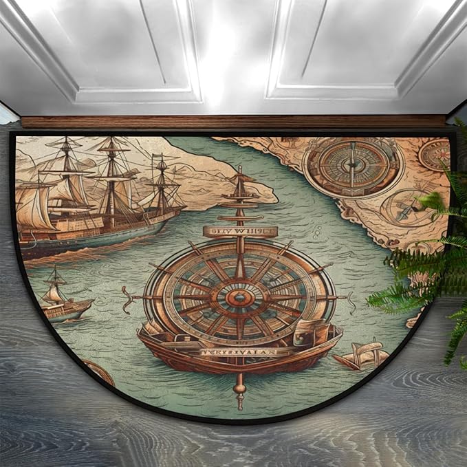 Half Round Door Mat, Compass Sailboat Non-Slip Half Circle Area Rug Nautical Compass Doormat Washable Durable Home Decor Half Moon Rug for Floor Indoor Outdoor Living Room Bedroom Kitchen Patio - Bloomnest