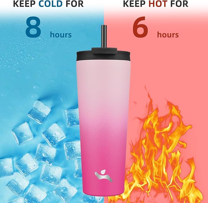 26 OZ Insulated Tumbler with Lid and 2 Straws Stainless Steel Water Bottle Vacuum Travel Mug Coffee Cup,Cherry - Bloomnest