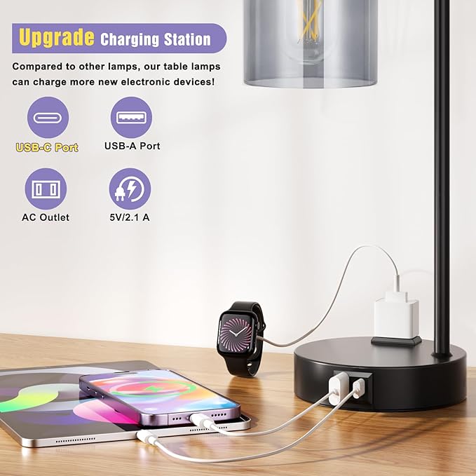 Innqoo Industrial Touch Bedroom Lamps for Bedrooms Set of 2-3-Way Dimmable Table Lamps with USB C+A Ports and Outlet, Bedside Lamps with Gray Glass Shade for Living Room, Desk Lamps for Home Office - Bloomnest