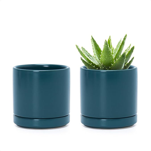 D'vine Dev Set of 2 Plants Pots, 3.5 Inch Ceramic Planter Pot for Plants with Drainage Hole and Saucer, Teal, 94-V-A-9 - Bloomnest