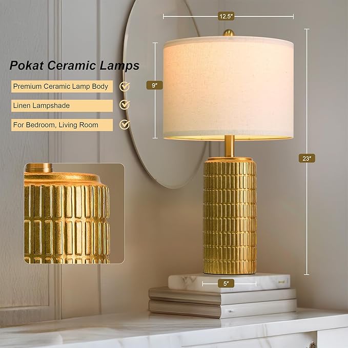 PoKat 23" Brass Gold Ceramic Table Lamps for Living Room, Retro Warm Gold Lamps for Night Stands, Vintage Bronze Decorative Lamps for Bedroom, Antique Gold Brown Nightstand Lamps for Home Decor - Bloomnest