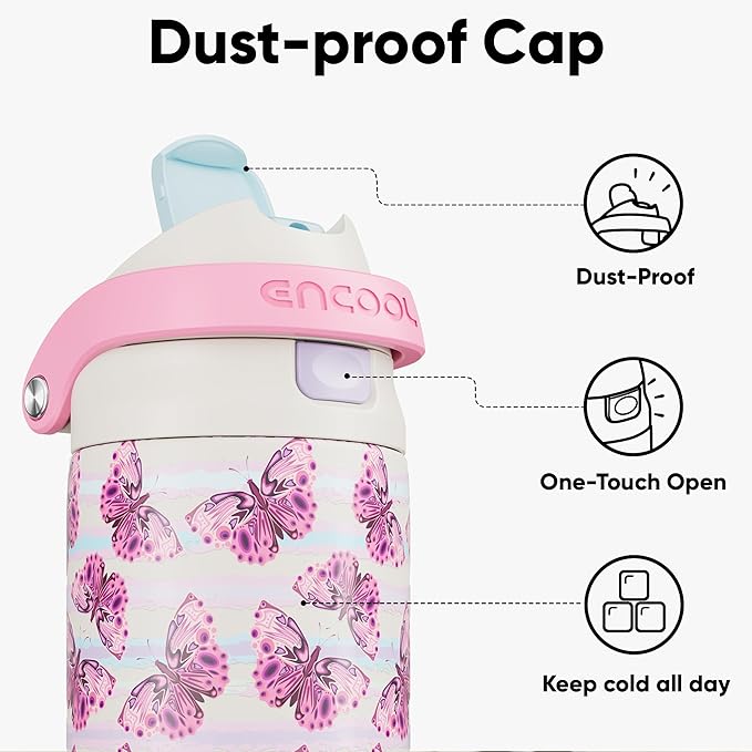 ENCOOL Leakproof Insulated Water Bottle with Straw Dual-Sip Water Bottle Bag-Safe Design for Work, Commute & Gym – Keeps Drinks Cold All Day, 32 oz, Y2K Butterfly ENCOOL