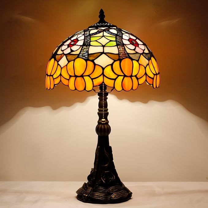 Tiffany Stained Glass Table Lamp 12X12X19 Inch Orange Flower Style Desk Bedroom Living Room Reading Light (Orange Flower) - Bloomnest