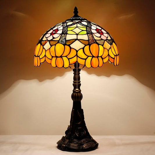 Tiffany Stained Glass Table Lamp 12X12X19 Inch Orange Flower Style Desk Bedroom Living Room Reading Light (Orange Flower) - Bloomnest