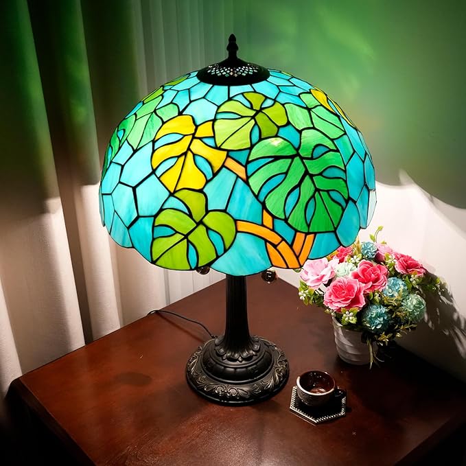 Tiffany Table Lamp Monstera Deliciosa Stained Glass Lamp Antique 16 inch Monstera Swiss Cheese Plant Handmade Large Desk Light for Home Living Room Bedroom Office - Bloomnest