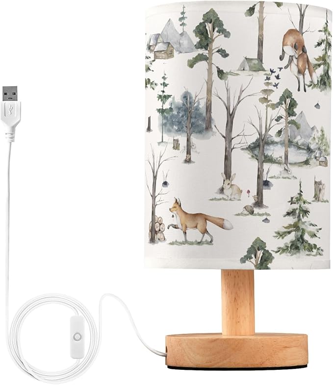 Table Lamp Watercolor Woodland Animal Pattern Fox Rabbit Hedgehog Bird Nightstand Lamp with Wood Base Fabric Lamp Shade Bedside Desk Lamp for Living Room Bedroom Kids Room Office - Bloomnest