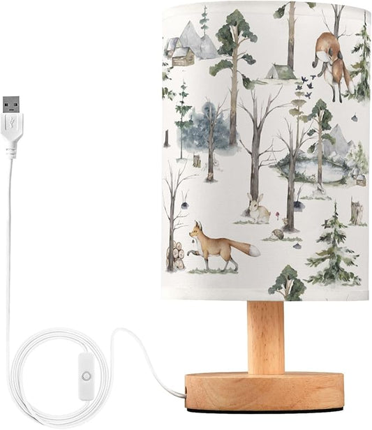 Table Lamp Watercolor Woodland Animal Pattern Fox Rabbit Hedgehog Bird Nightstand Lamp with Wood Base Fabric Lamp Shade Bedside Desk Lamp for Living Room Bedroom Kids Room Office - Bloomnest