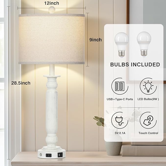 28.5" Tall Farmhouse Table Lamps Set of 2 for Living Room, 3-Way Dimmable Touch Lamps with USB C+A Ports & AC Outlet, Bedside Nightstand Lamps with Linen Shade for Bedroom - Bloomnest