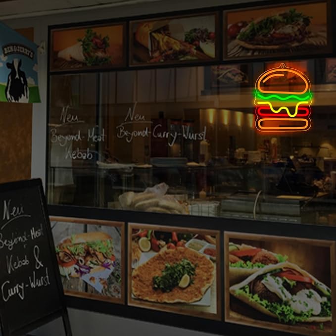 Attivolife Hamburger Neon Sign for Wall Decor, Light up Delicious Food Hamburg LED Lamp with Dim USB Powered, Unique Business Fast Food Shop Restaurant Decoration, Christmas Day Birthday Party - Bloomnest