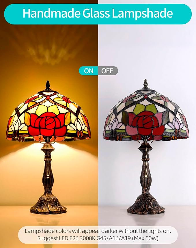 Tiffany Table Lamp, 12-inch Stained Glass Lamp for Living Room, Dining Room, Bedroom, Study Room, Office (Red Rose) - Bloomnest