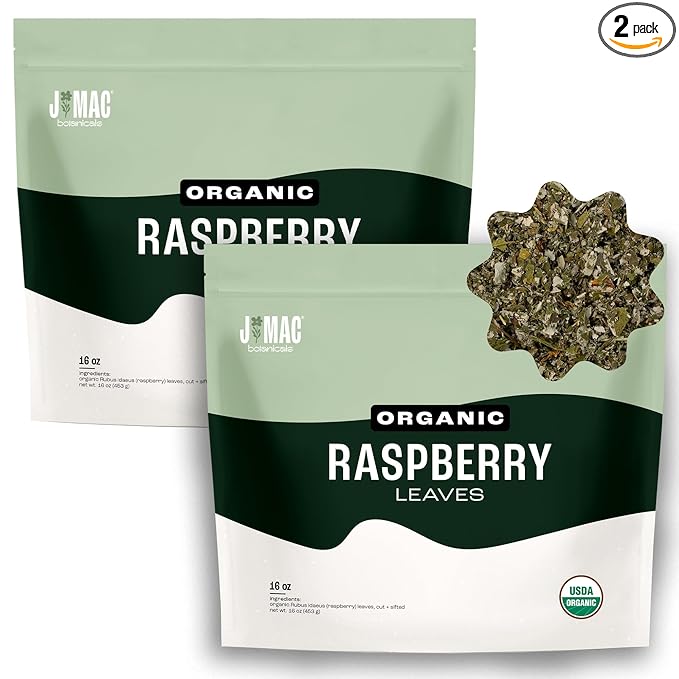 J Mac Botanicals, Organic Red Raspberry Leaf, Herbal tea (16 ounce bag 200+ cups) cut & sifted dried leaf, pack of 2 - Bloomnest