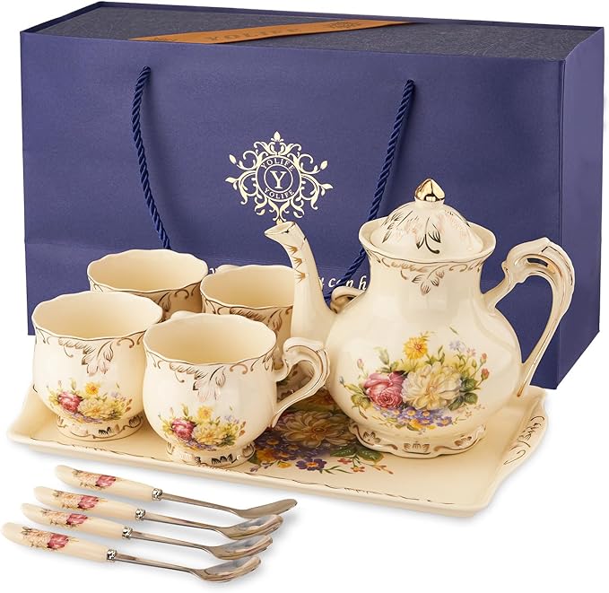 YOLIFE Porcelain Tea Set, Vintage Flowering Shrubs Teapot and Cups Set for Tea Party, Birthday Gifts for Mom Adults Women Wedding - Bloomnest