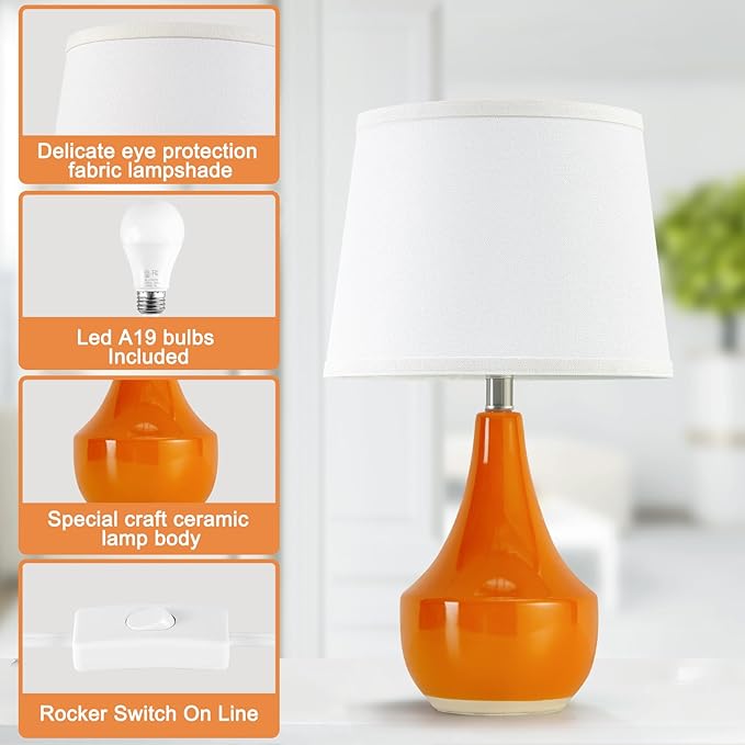 GyroVu Table Lamp Set of 2, Ceramic Table Lamp Classic Beside Lamps Nightstand Lamp Modern Table Lamp for Living Room, Bedroom & Office Rocker Swtich Orange-LED Bulbs Included - Bloomnest
