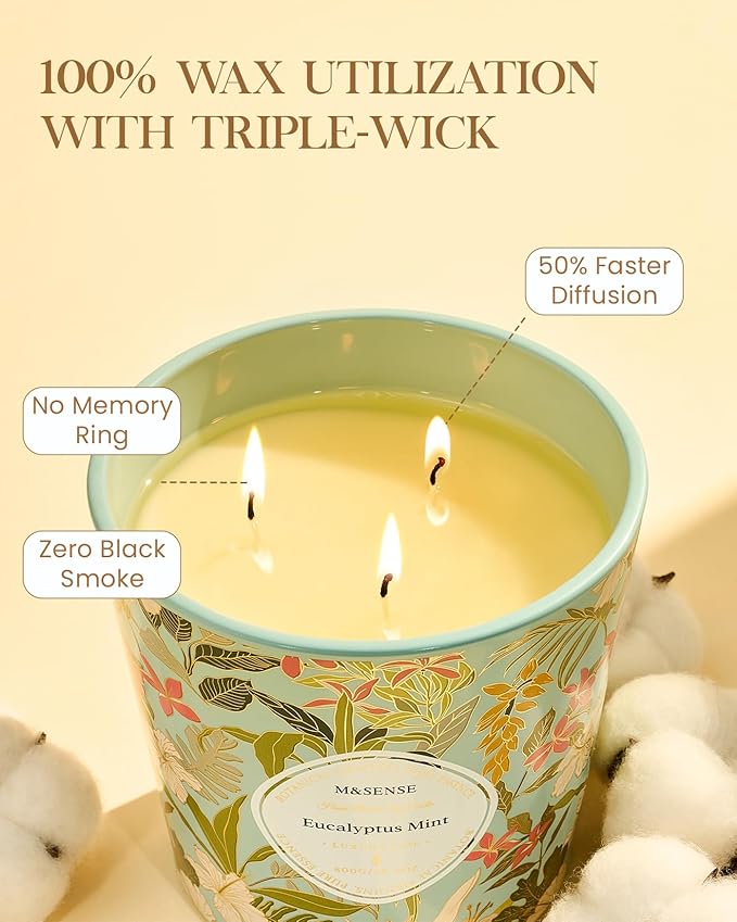 M&SENSE Eucalyptus Mint Scented Candle, 28.2oz 3 Wick Natural Soy Wax Large Candles, Long Lasting Clean Slow Burning No Toxic Décor for Home Relaxation, Romantic Dates Gift-Giving - Bloomnest