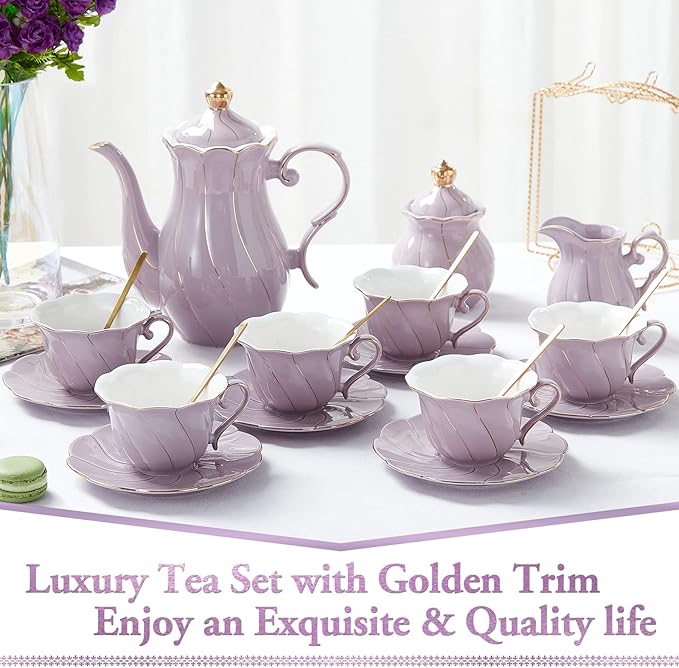 DUJUST 22 pcs Porcelain Tea Set for 6, Luxury British Style Tea/Coffee Cup Set with Golden Trim, Beautiful Tea Set for Women, Tea Party Set, Gift Package (With a Stand) - Purple - Bloomnest