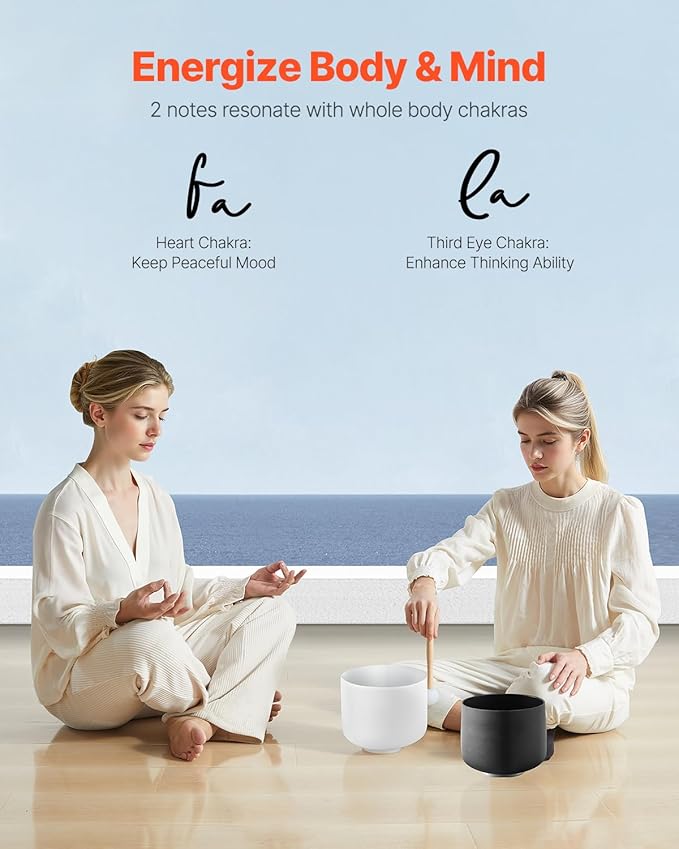 VEVOR 2PCS Crystal Singing Bowls, 8-inch and 10-inch A & F Note Singing Bowls, Frosted Quartz Singing Bowl with 10" Carrying Bag, 1 Rubber Mallet and 2 O-Rings, Ideal for Meditation Yoga Sound Healing - Bloomnest