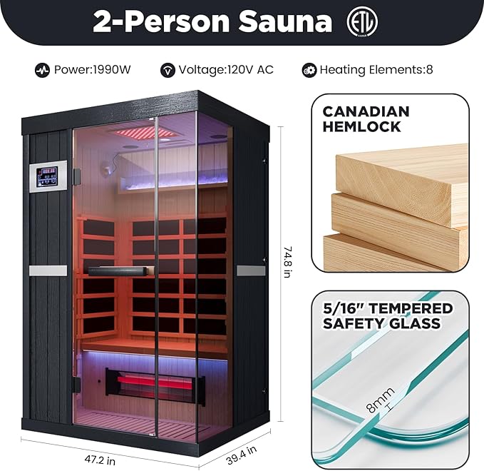 2-Person FAR Infrared Sauna for Home & Gym, Himalayan Salt Rocks Plus 12" * 12" Red Light Therapy & 2 Speakers, 1990W Canadian Hemlock Wood Indoor Dry Spa DAIMOT