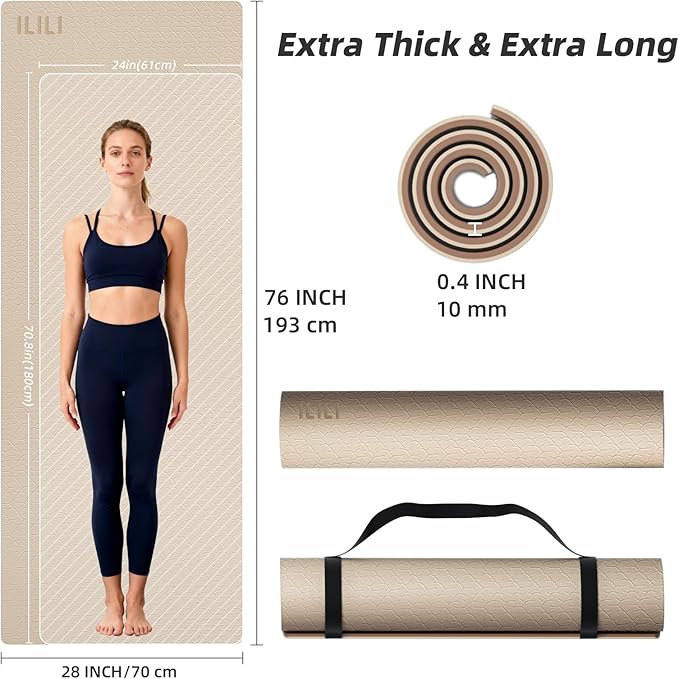 ILILI Yoga Mat 10mm Extra Thick and 193cm Extra Long, 76x28×0.4 Inch, Double Color Non-Slip TPE Material, Easy Carrying with Strap, Ideal for Yoga, Pilates, Floor Exercise, Home and Outdoor Use, Eco Friendly - Bloomnest