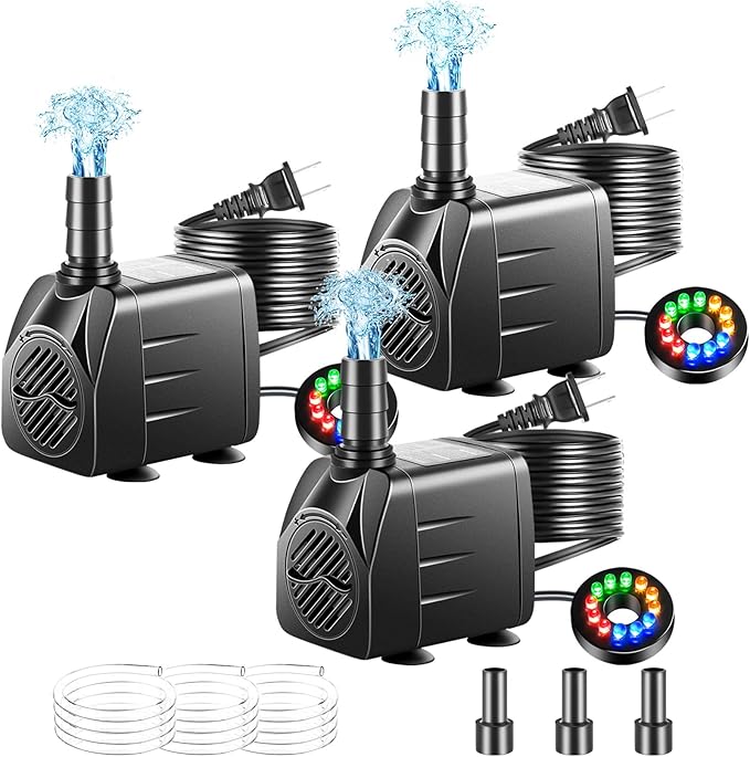 3 Pack Submersible Pump with Led Light, Small Fountain Pump with Tubing, Submersible Water Pump for Aquarium Fish Tank Indoor or Outdoor Pond Fountain Hydroponics Statuary (10W 160GPH) - Bloomnest