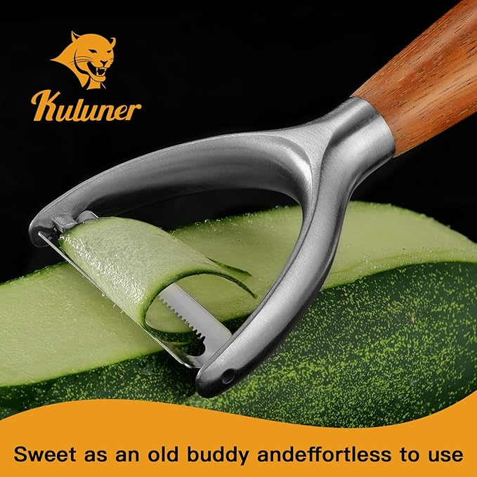 Serrated Blade Premium Y Type 304 Stainless Steel Multifunctional Kitchen Peeler Real Wood Handle Ultra Sharp Blade Vegetable Potato Apple(Boluoge) - Bloomnest